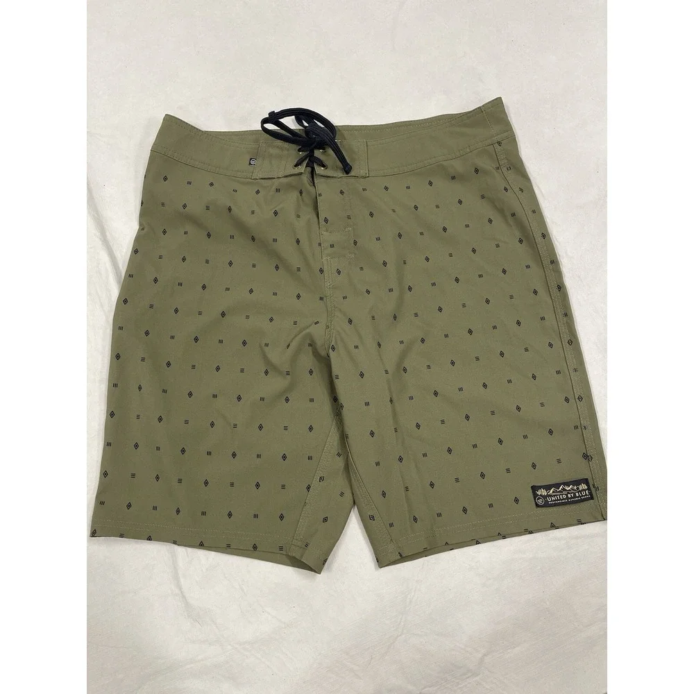 United By Blue Mens Olive Green Geometric Board Shorts Swim Trunks Size 34